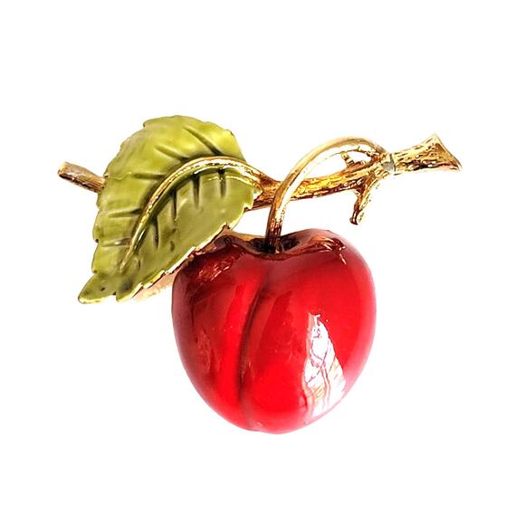 Cherry Brooch Women's Small Red Green Gold Tone Enameled Fruit Botanical Summer - Picture 1 of 7